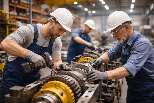 Arbeiter bei der Montage eines Getriebes