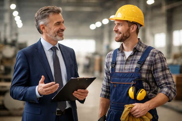 Unternehmer im Gespräch mit Arbeiter